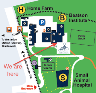 Image of a map showing the location of the Glasgow Polyomics on the Garscube campus
